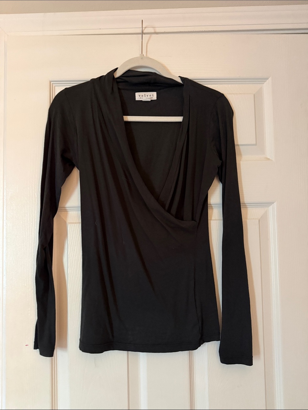 Velvet Black Long-Sleeve Wrap Front Top